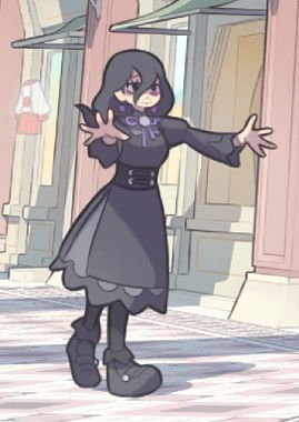 A girl that appears to be "Hex Maniac", but wearing a modernized version of an outfit in the gothic lolita style of dress.
