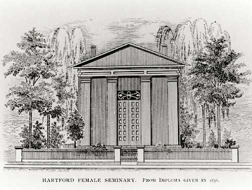 Black + white line art of the Hartford Female Seminary