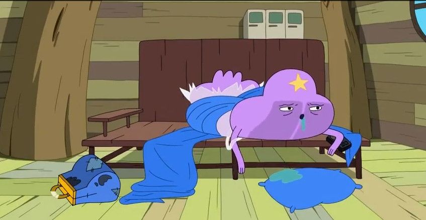 Lumpy Space Princess waking up on Finn & Jakes cushionless wooden futon-couch-bench-thing lmao. This was during her self-imposed bum days. She's very rich but ran away from home to love like poor people. She has her dirty, patched up ol' timey purse lying on the floor to the left. She's wrapped up in a blanket and wearing a grocery store trash bag for a dress. She woke up from a HEAVY sleep and has the wooden plank marks on her face. She has drool (a sign of a good sleep) on her mouth and her drool was puddling into her pillow.