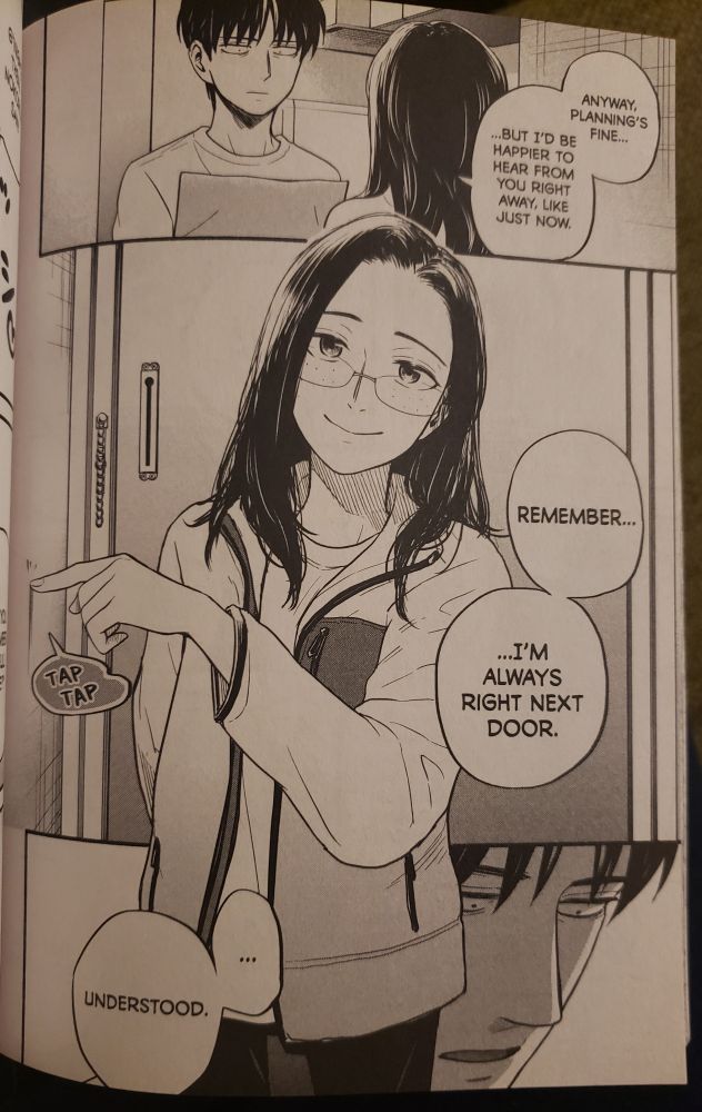 A page from Home Office Romance by Kintetsu Yamada. Natsu reminds Nokoru that she's just next door.