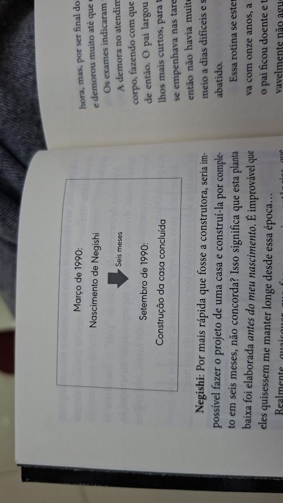 O que ta escrito na pagina do livro

Março 1990: nascimento de Negishi > seis meses depois> setembro de 1990 construção da casa concluida

Negishi: por mais rapida que fosse a construtora, seria impossivel fazer o projeto de uma casa e construi-la em seis meses não concorda?