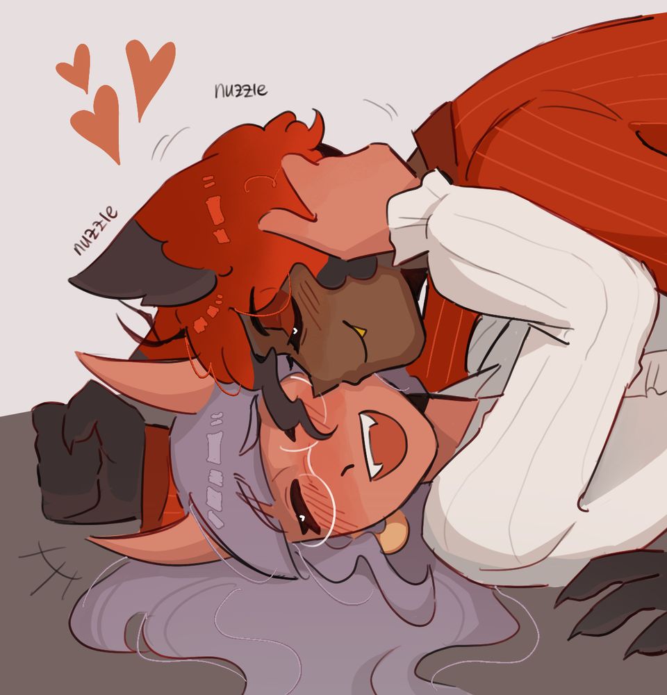Alastor on top of a laughing Paloma nuzzling his nose against her cheek
