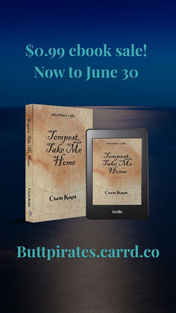 Background: calm ocean surface at night

Centered image: Paperback and ebook copies of TEMPEST, TAKE ME HOME 

Text above image: $0.99 ebook sale! Now to June 30

Text under image: Buttpirates.carrd.co 