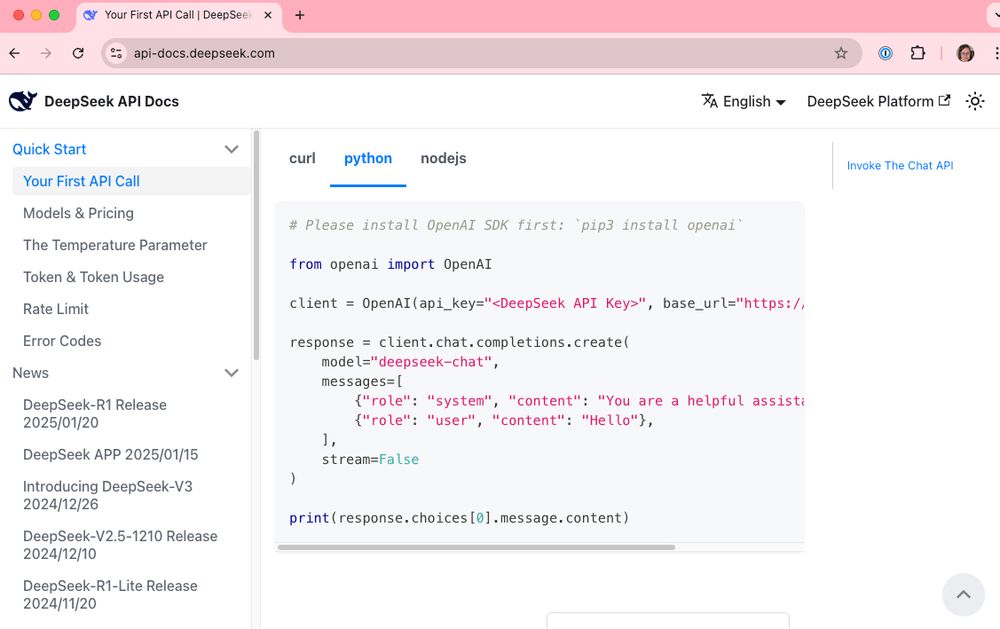 A screenshot of DeepSeek's API docs, where the Python code snippet instructs the user to install the OpenAI python package and pass in a different URL.