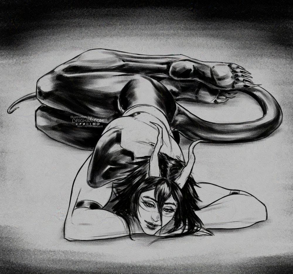 A sketch of my character Calavera. They are laying on the floor with their torso facing down and resting their face over their wrists while their hips and legs are bent to one side. They have black hair in a messy style and horns, a semi cybernetic looking torso with black, digitigrade legs and tail. They are looking to the floor with a relaxed expression and a soft smile.