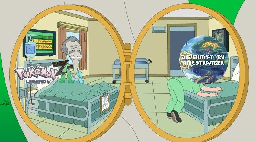 Roger, d'American Dad, al costat de la seua dona moribunda mirant les natges de l'infermer a l'altre costat de la sala que fa un llit. La cara de la dona reemplaçada amb Pokémon Legends: Z-A i la cara de l'infermer reemplaçada amb Digimon Story: Time Stranger.