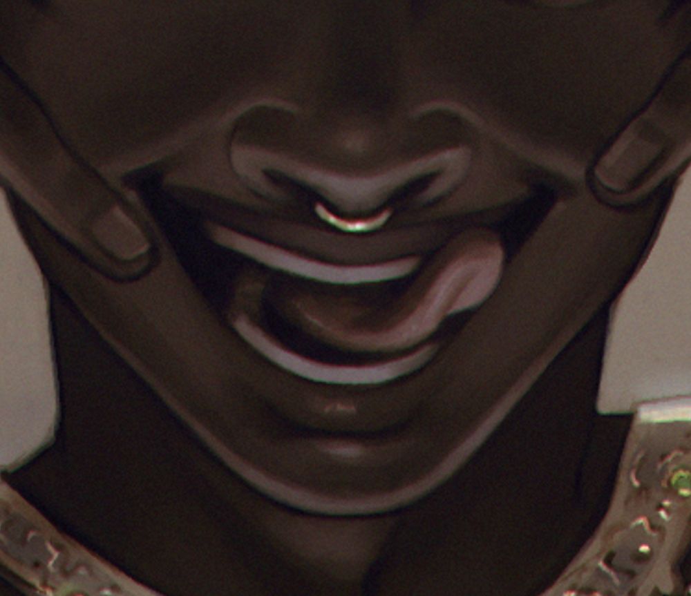 Cropped view of my OC Tema's mouth, smiling with a wide grin and his tongue sticking out to one side
