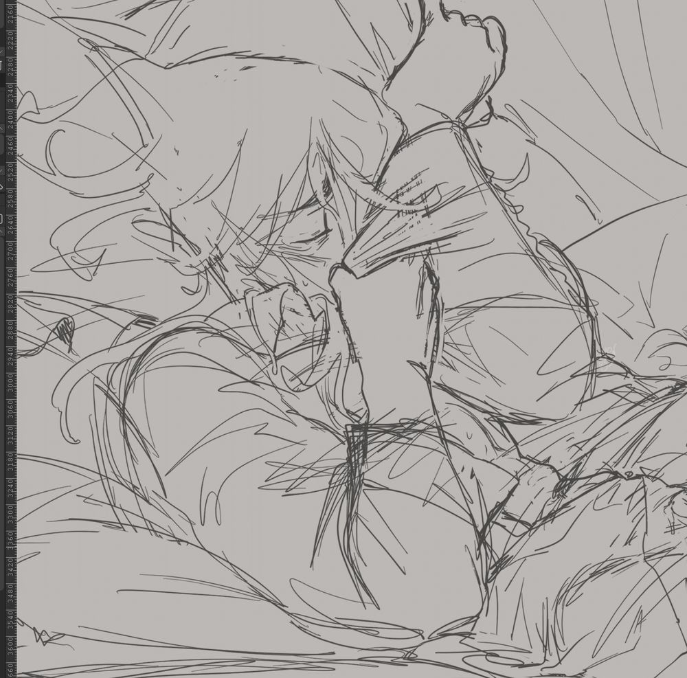 Cropped screenshot of a rough sketch of my OC Zehniq in my omegaverse au, also laying on his back in presumably Enzel's shirt