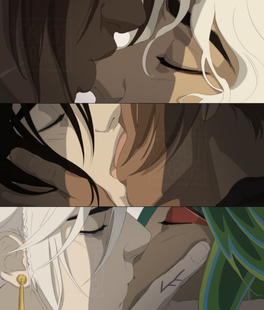 Part 1 of a series of three colored cell shaded drawings, each a close-up of a couple kissing in character. All of them are my OCs.
First image: Shahin (left) gives Mitra (right) a kiss on his nose. They're the main couple in a story currently in development hiatus.
Second image: A deep open-mouthed kiss between Enzel (left) and Kariv (right). They're a romantic couple in my longform grimdark fantasy comic Eterna.
Third image: Jorn (left) and Zehniq (right) sharing a sweet tender kiss as Zehniq rests his head in Jorn's hands. They're the main characters of a new story currently under development.