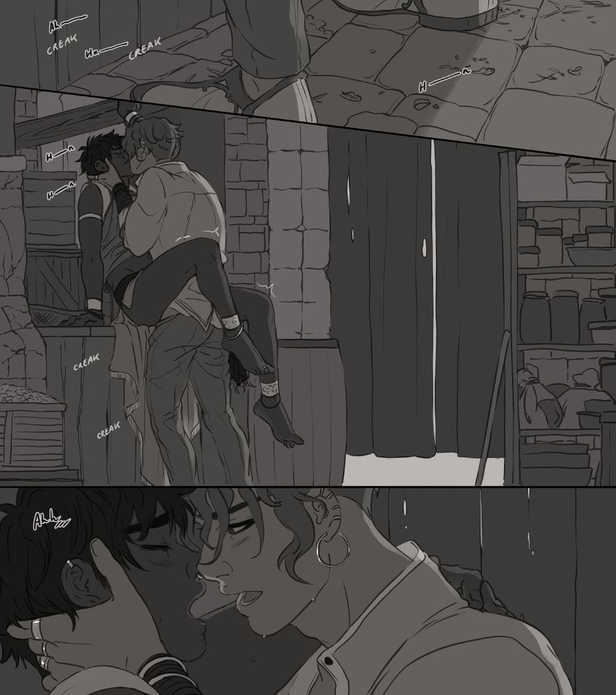 Grayscale comic panels of a little public sex scene featuring my OCs Tema and Kasra from an unnamed story
Panel 1: Focus of Kasra's feet spread on the ground. Some SFX of wood creaking
Panel 2: Kasra pounding into Tema against some wooden crates in the back of a market stall while they're kissing
Panel 3: Close-up of their faces, breaking the kiss