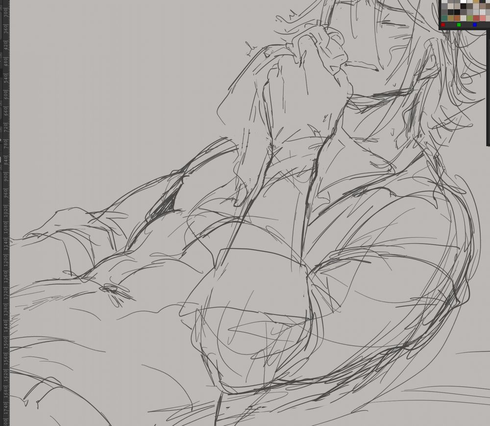 Cropped screenshot of a very rough sketch featuring my OC Enzel in my omegaverse au, laying on his back with his shirt undone, hisgrasp firmly on a piece of fabric belonging to Zehniq.