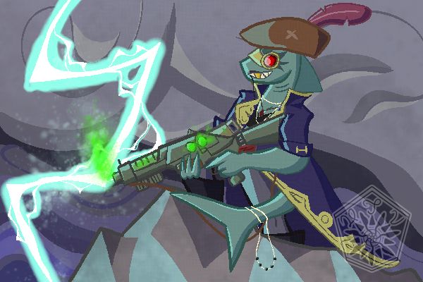 A shark pirate holding a plasma rifle while lightning and dark clouds opress the background.