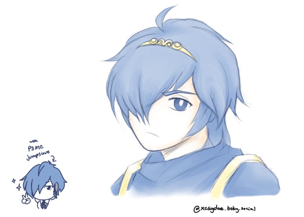 doodle bust of marth based on a unused, beta sprite of him in fe1. at the bottom left is a smaller doodle of the persona 3 (male) protagonist with a text point at him that says "woa p3mc jumpscare" 