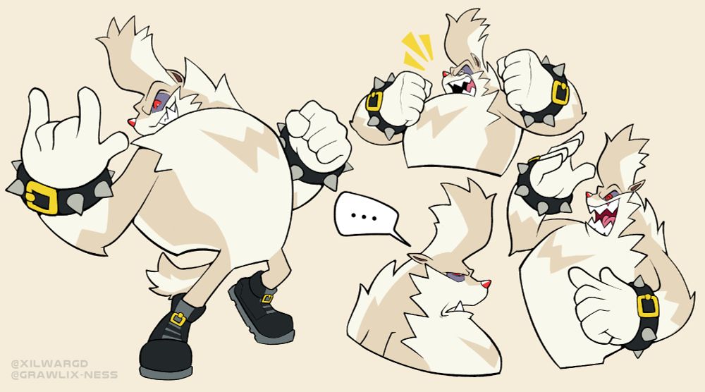 Drawpage of Tumble the Skunk from the IDW Sonic comics, featuring him pulling a "rock on" gesture, beating his chest, trying to wring a thought from his peabrain, and pointing in vicious mockery