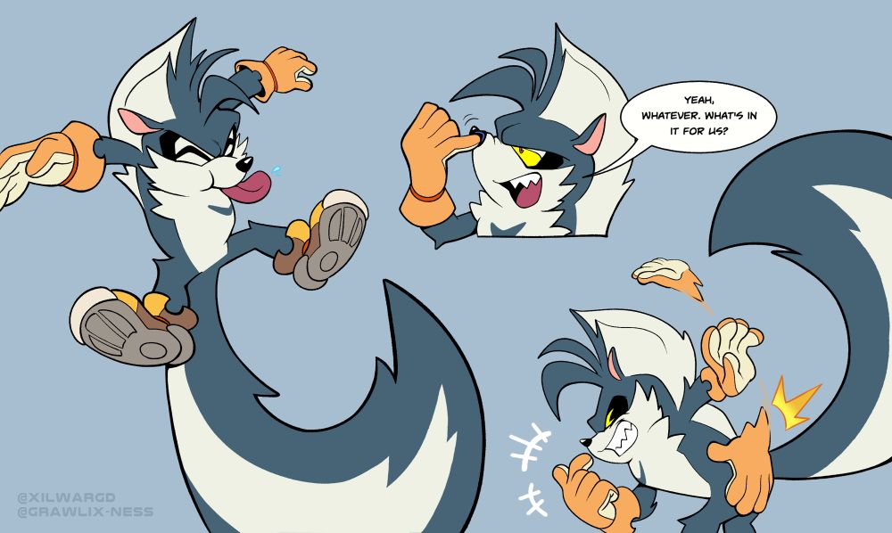 Drawpage of Rough the Skunk leaping into the air and blowing a raspberry, picking his nose and saying “Yeah, whatever. What’s in it for us?”, and him slapping his rear as a taunt