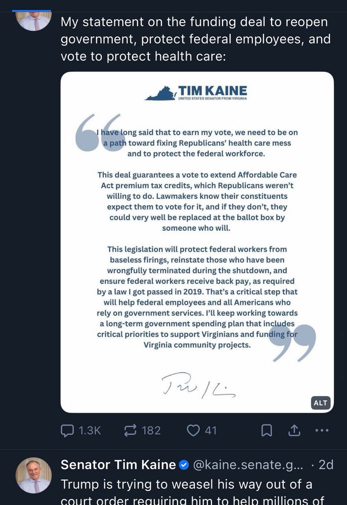 Timmy’s stupid statement on his cowardly cave that embarrasses Virginians that already has 1,300 comments to 182 reposts and 41 likes. Because no one likes this. 