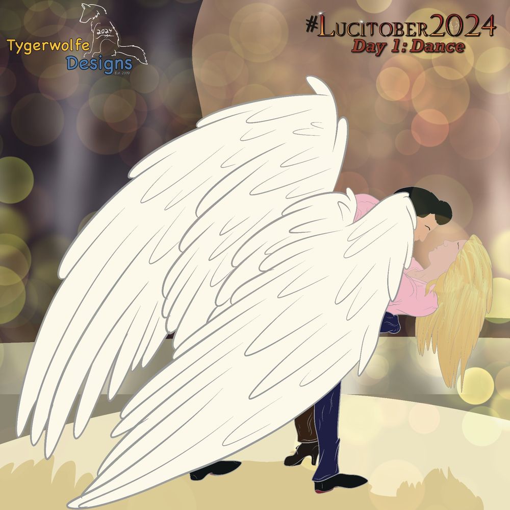 A simplified portrait of the dip from the Prom scene of the season 3 episode High School Poppycock, but with the addition of Lucifer’s white wings, from Netflix’s Lucifer, drawn by Tygerwolfe Designs, 2024.