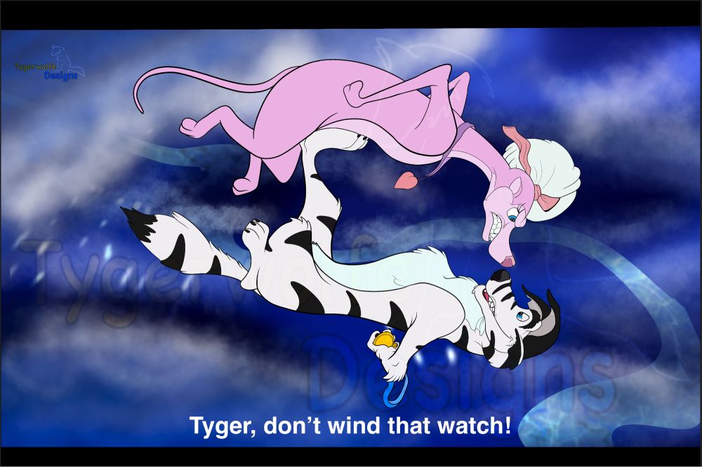 A mock-screenshot from 1989s All Dogs Go To Heaven. A striped wolf floating on his back in the heavenly sky, a watch hidden behind his back, using 1 foot to keep Annabelle (pink Whippet angel from the movie) from retrieving the watch & at distance. The “caption” reads “Tyger, don’t wind that watch!” The background features clouds & a distant nighttime view of New Orleans.