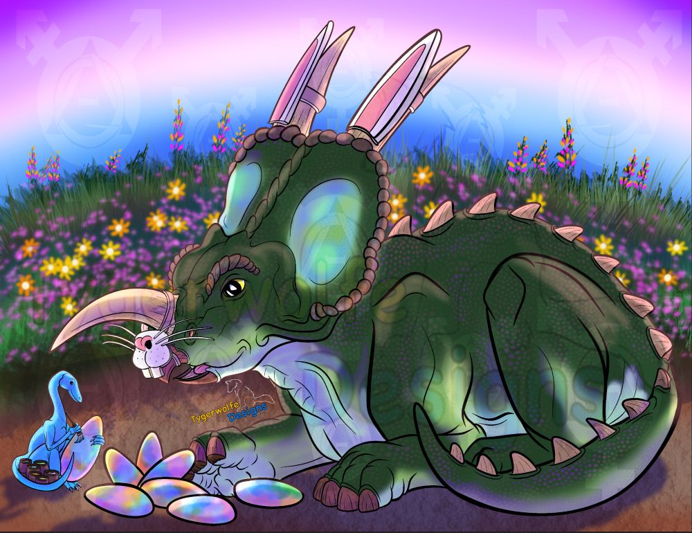 The full Easter Einiosaurus HoliDino picture. A Coelophysis painting dud Einiosaurus eggs while the Einiosaurus, wearing a “rabbit costume” made of ears strapped to her two frill horns & a bunny nose & buck teeth strapped to her nose horn and hanging over her top beak, lays calmly and waits for her artistic friend to finish. Artwork by Tygerwolfe Designs, 2024. No AI.