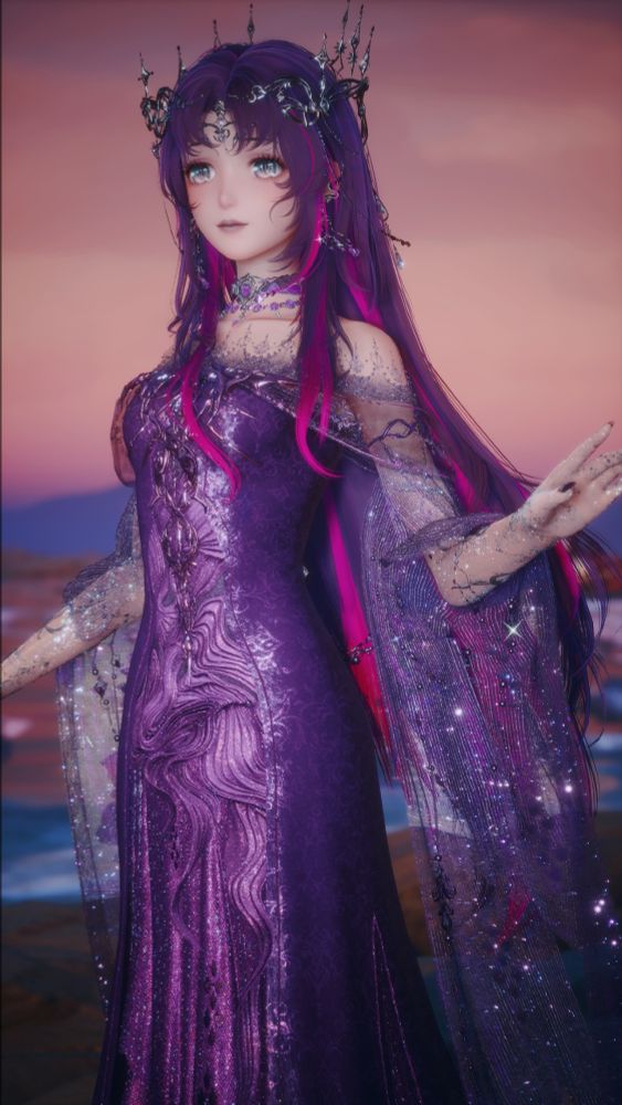 Nikki/Nuan Nuan from Infinity Nikki/Nuan Nuan. She has long deep purple hair with neon pink highlights throughout, along with a silver crown adorned with purple jewels. Her silver choker and earrings have similar amethyst colored gems inside. She is wearing a long, intricate gown dyed in dark purple and accented in a lighter pink-purple. She is wearing a sheer, purple shawl and has silver armbands and purple painted nails. 