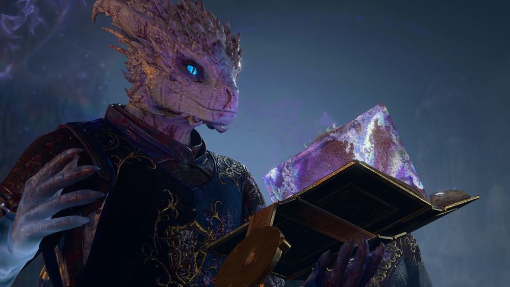 A light blue Dragonborn from the game Baldur's Gate 3. She is slightly bloodied from combat and reading a magical book.