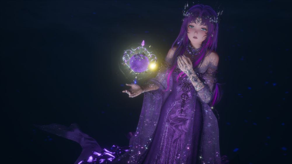 Nikki/Nuan Nuan from Infinity Nikki/Nuan Nuan. She has long deep purple hair with neon pink highlights throughout, along with a silver crown adorned with purple jewels. Her silver choker and earrings have similar amethyst colored gems inside. She is wearing a long, intricate gown dyed in dark purple and accented in a lighter pink-purple. She is wearing a sheer, purple shawl and has silver armbands and purple painted nails. She is holding a magical purple orb.