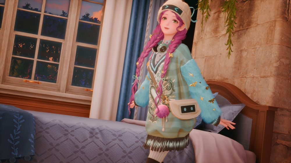 Nikki/Nuan Nuan from Infinity Nikki. She is wearing a light teal sweater with fluffy, puffy sleeves and a cute heart pattern in the center. Her pink hair is pulled into twin braids falling on either side of her face. She's wearing a white knit hat with a cute > < emoji, which matches her crossbody handbag which has a more neutral expression. She has teal headphones around her neck.