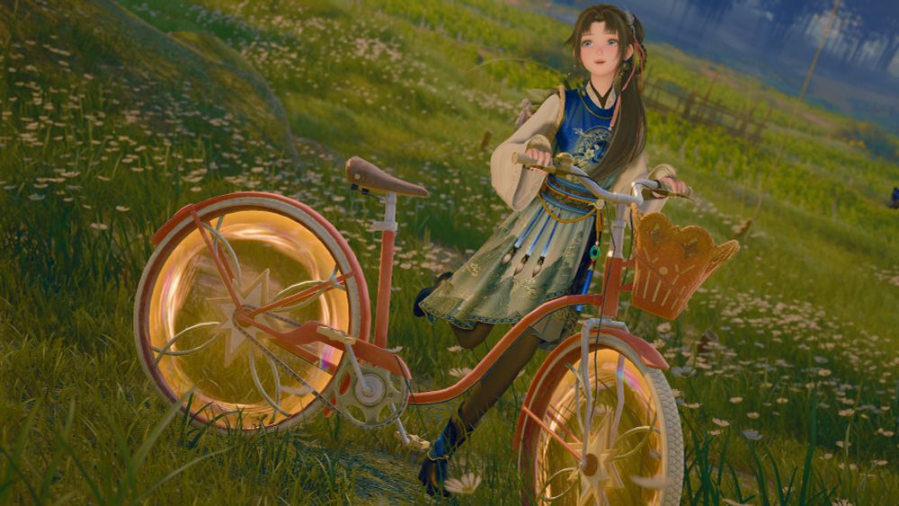 A daytime photo of Nikki/Nuan Nuan from Infinity Nikki. She is wearing "Linlang" style clothing and posing with her Whimcycle.