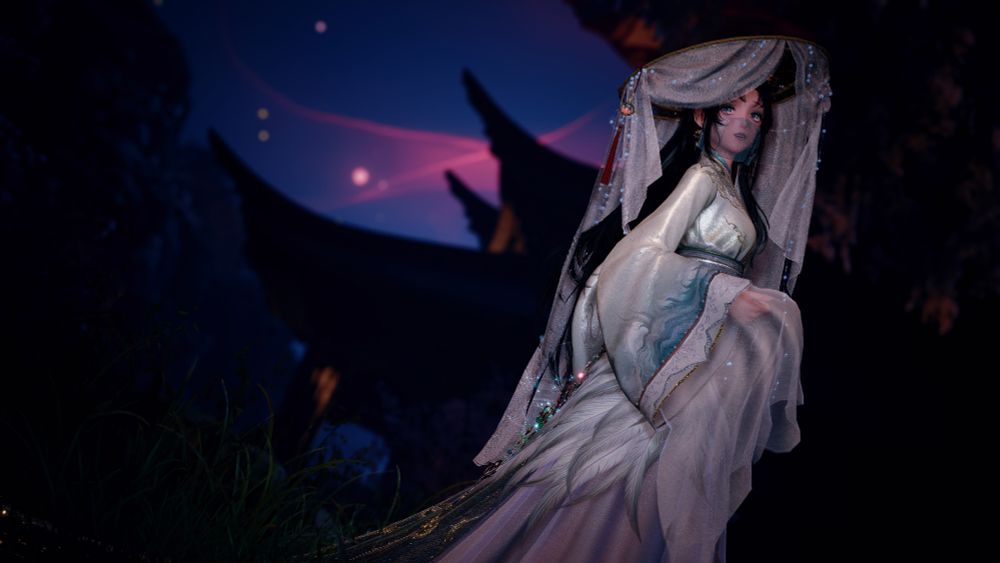 Nikki from Infinity Nikki. She is gazing towards the camera with a slightly surprised look on her face. She is in front of a tiered pagoda, along the backdrop of the night sky.