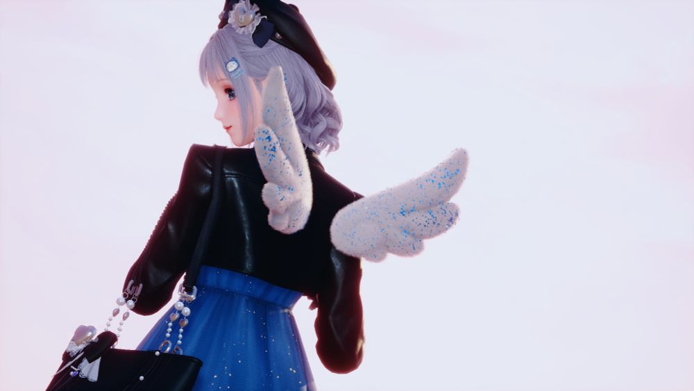 Nikki/Nuan Nuan from Infinity Nikki/Nuan Nuan. She is posing with her back to the camera, showing off her newly acquired puffy wings. They are white and sparkle with blue to match her dress.