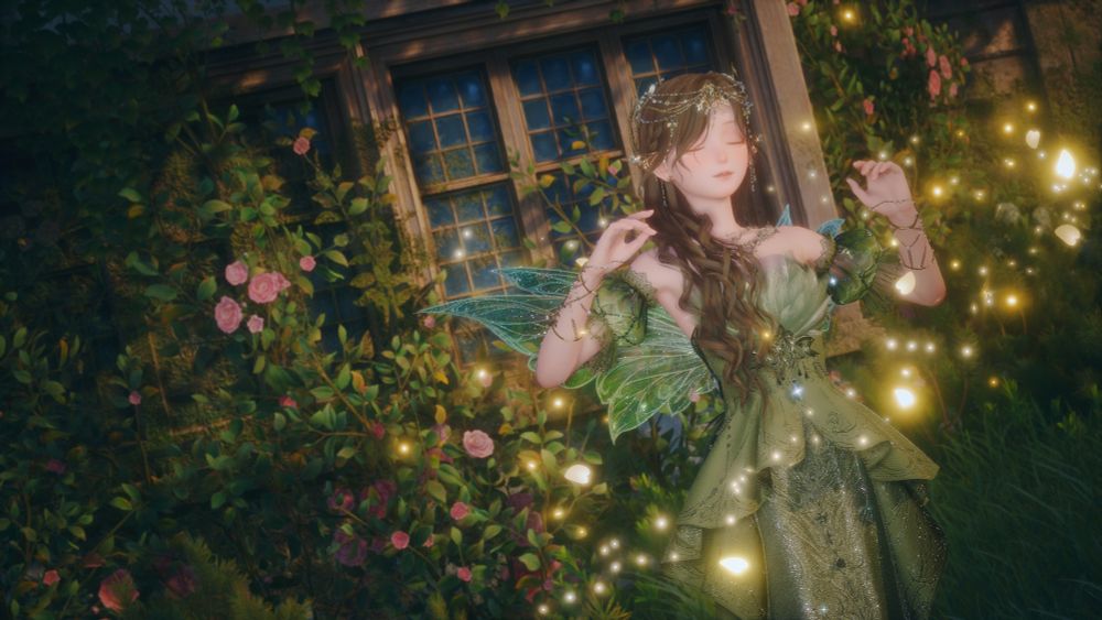 Nikki/Nuan Nuan from Infinity Nikki. She is in front of an overgrown cottage, wearing a deep green recolor of the "Silvergale dress". She has emerald green fairy wings and thing, bold armbands wrapping up her wrist. Her hair is chestnut brown and brushed over the side of her right shoulder. She is wearing an intricate gold tiara and gold earpieces that make her look like an elf. She has golden petals around her as she casts a spell with her eyes closed.