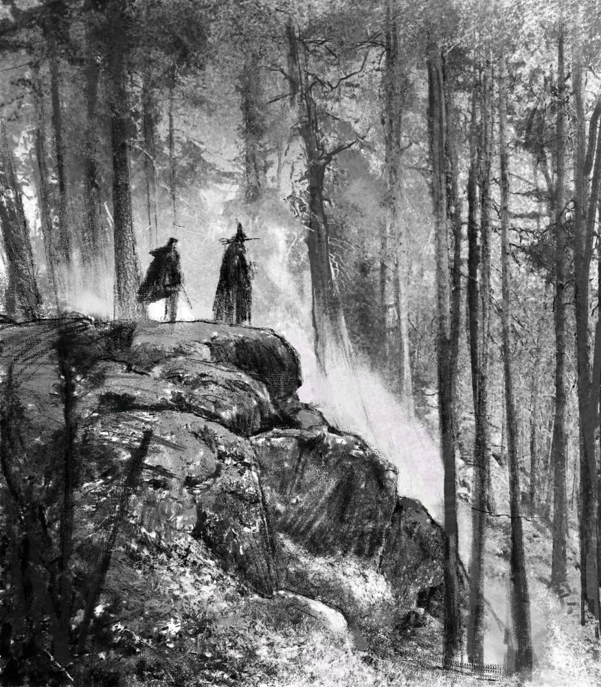 A loose, sketchy painting of witches on a cliff, overlooking a vast forest.