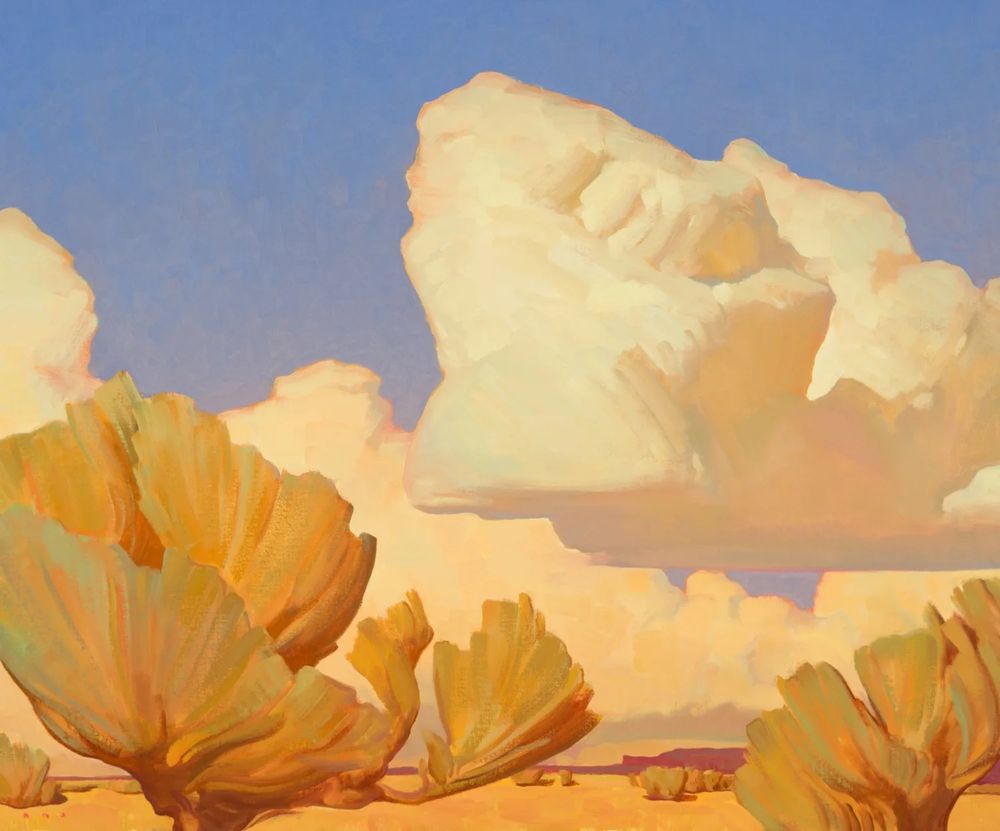 A painting depicting some big fun clouds and... Cacti? Some kinda desert plant.
