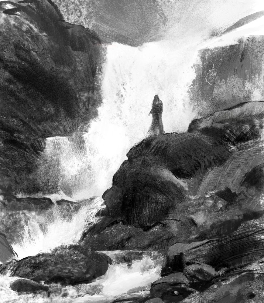 A loose painting of a figure standing on stones. A waterfall behind her.