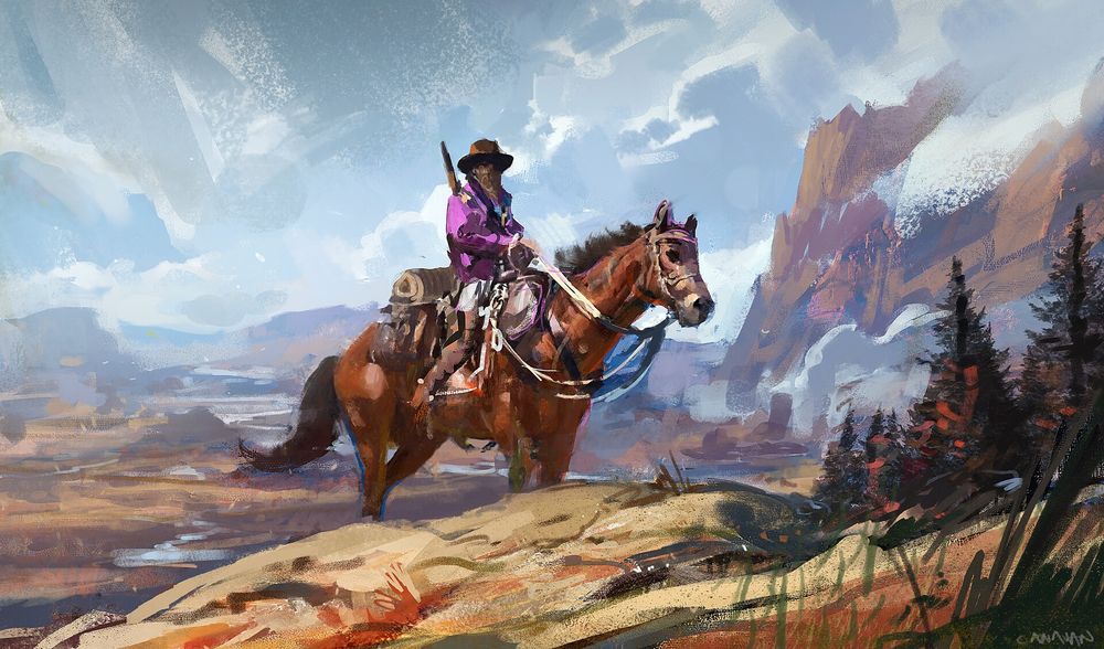 Painting of a cowboy on a horse.