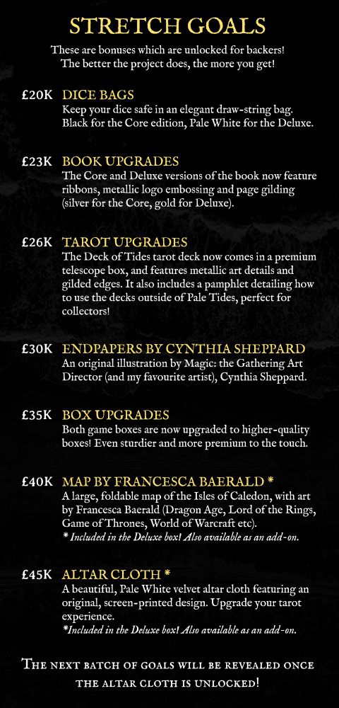 The initial batch of stretch goals for the game. Dice bags, book upgrades, tarot upgrades, endpapers illustration by Cynthia Sheppard, upgrades to the boxes, a map by legendary map artist Francesca Baerald and an altar cloth!