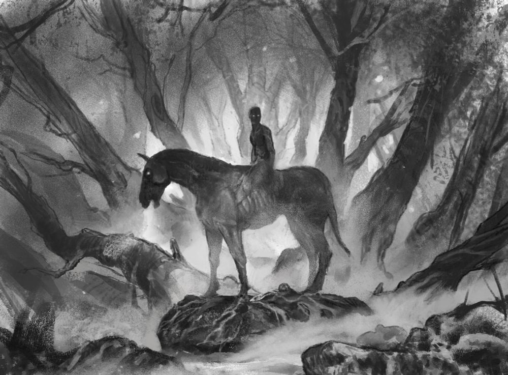 Concept art of the Nuckelavee - a skinless horse fused with a humanoid figure that spreads pestilence - standing on rocks in a forest. Veins spreading over the landscape.