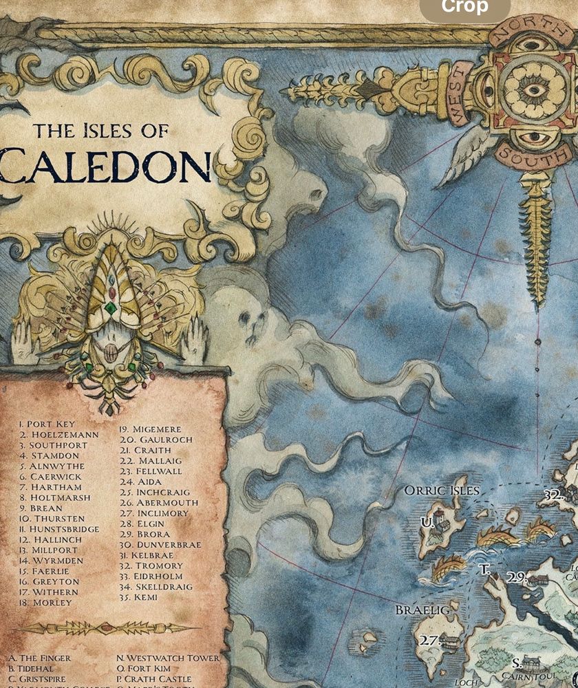 A crop of the Isles of Caledon map for my game, Pale Tides. Illustrated by Francesca Baerald.