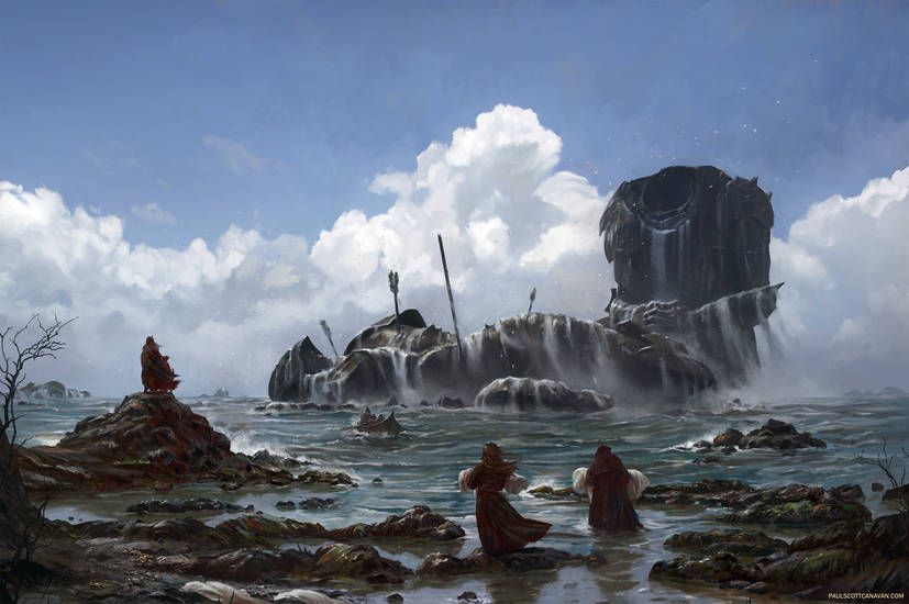 Pledge of the Fallen, for Pale Tides. The illustration depicts the Norric people offering sacrifices in exchange for protection from the great leviathans that roam the northern tip of Caledon.