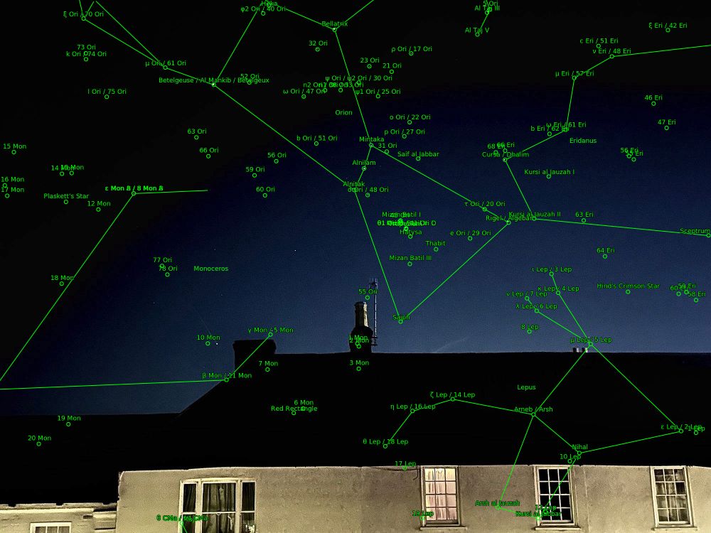 Robin’s photo of the night sky, labelled by nova.astrometry.net and with constellations shown with green lines.