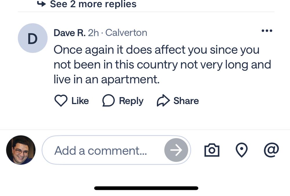 A Nextdoor comment reading “Once again it does affect you since you not been in this country not very long and live in an apartment.”