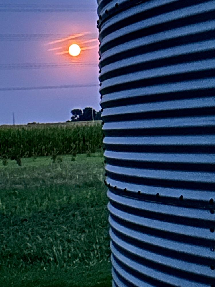 A gorgeous full harvest moon tonight rising between Iowa grain bins