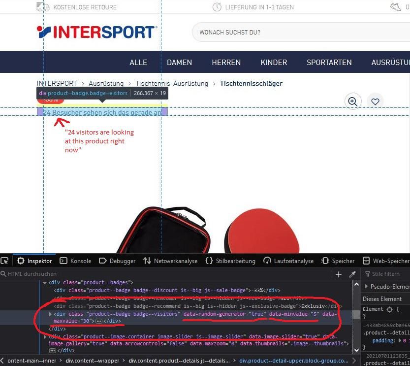Intersport website with the developer tools opened. On the website it is shown "24 visitors are looking at this product right now" but in the JavaScript/Html code it can be seen that the number is randomly generated. 