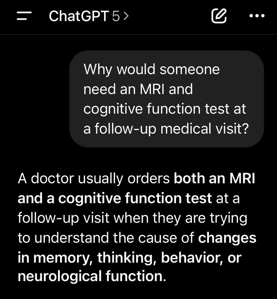 Image of ChatGPT explaining that an MRI and cognitive function test are used to evaluate a person’s memory, thinking and neurological function. 
