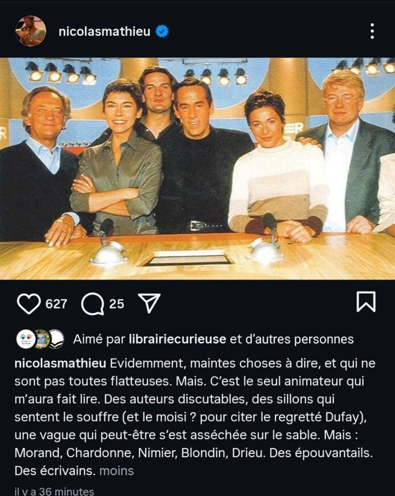 Post instagram de Nicolas Mathieu qui dit que quand même c’est grâce à Ardisson qu’il a lu des écrivains d’extrême droite ("Des épouvantails. Des écrivains.") donc bon ça excuse beaucoup de choses.