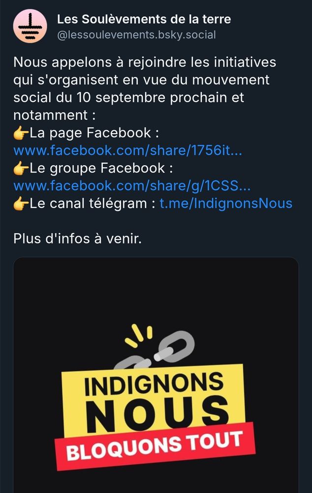 Capture d’écran d’un post des soulèvements de la terre qui, animés par leur habituel mouvementisme désolant, appellent à "rejoindre" le mouvement du 10 septembre, avec un visuel "indignons nous bloquons tout"