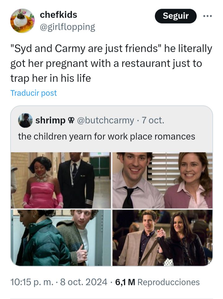 chefkids @girlflopping on twitter: "syd and carmy are just friends" he literally got her pregnant with a restaurant just to trap her in his life