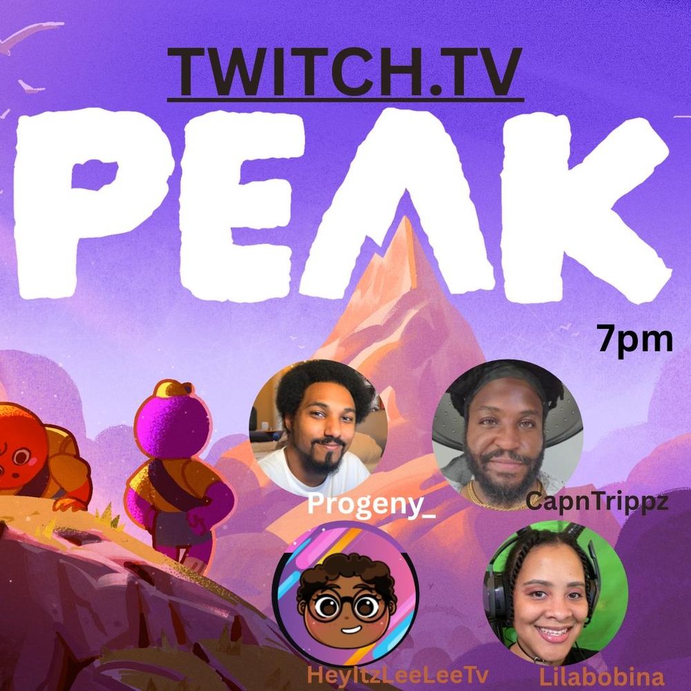 A picture of four streamers over a background of characters from the game PEAK staring at a summit right below large letters spelling out PEAK.