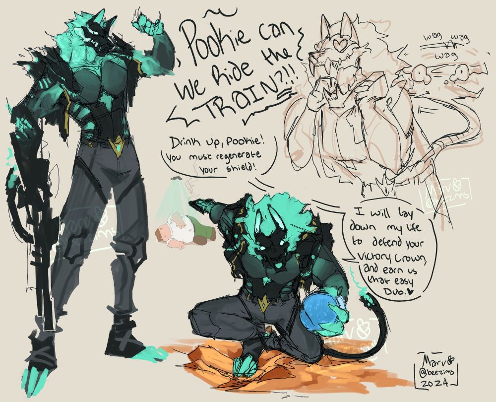 Cerberus from Fortnite in various different poses. One has him wagging his tail and exclaiming, "Pookie can we ride the train?!" Another has him crouching down, offering a large shield potion to the viewer after killing a player with the Peter Griffin skin. Cerberus says, "Drink up, Pookie! You must regenerate your shield! I will lay down my life to defend your victory crown, and earn us that easy dub."