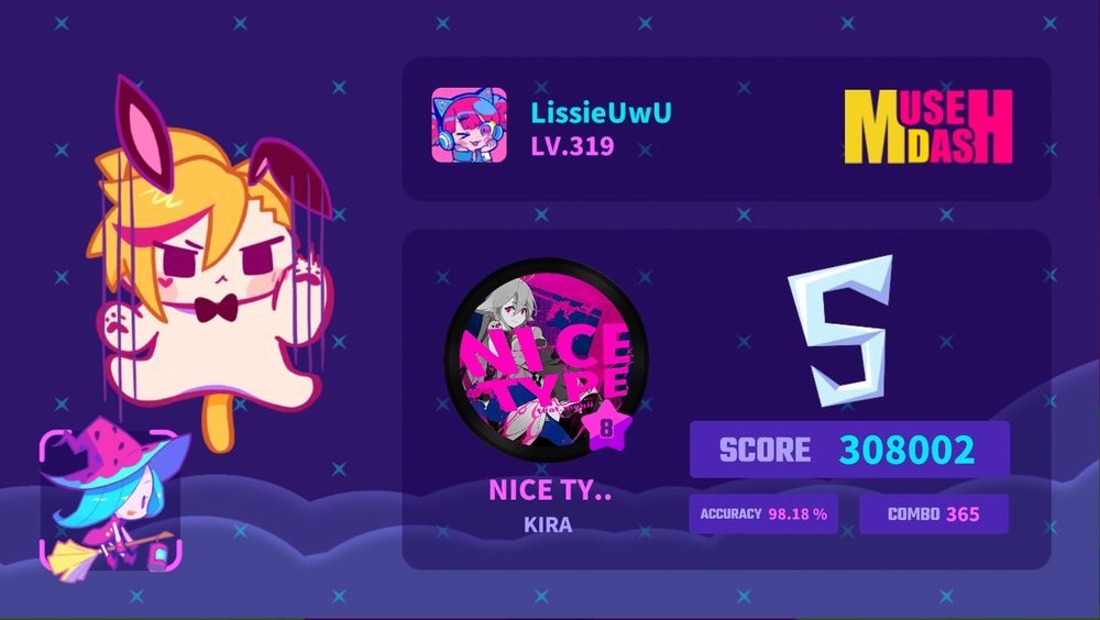 The image shows a vibrant Muse Dash game screen. On the left are character illustrations, including one with bunny girl Rin and Little witch elfini. The top displays the username "LissieUwU" and the Muse Dash logo. The center features a profile icon with "NICE TYPE" which is the name of the song played. The right side shows a large "S" and gameplay stats like "ACCURACY 98.18%" and "COMBO 365." The overall style is bright and energetic.